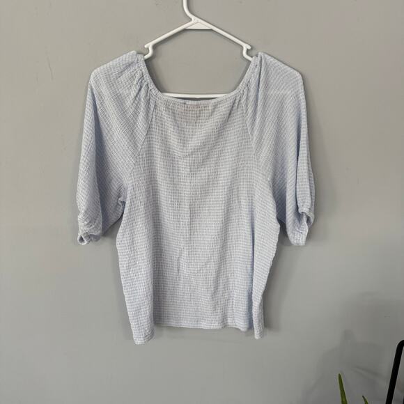 LOFT Light Blue White Gingham Checkered Seersucker Top Women's Size Large - Picture 2 of 5